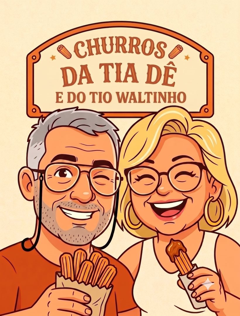 Tia Dê e Tio Waltinho sorrindo com churros