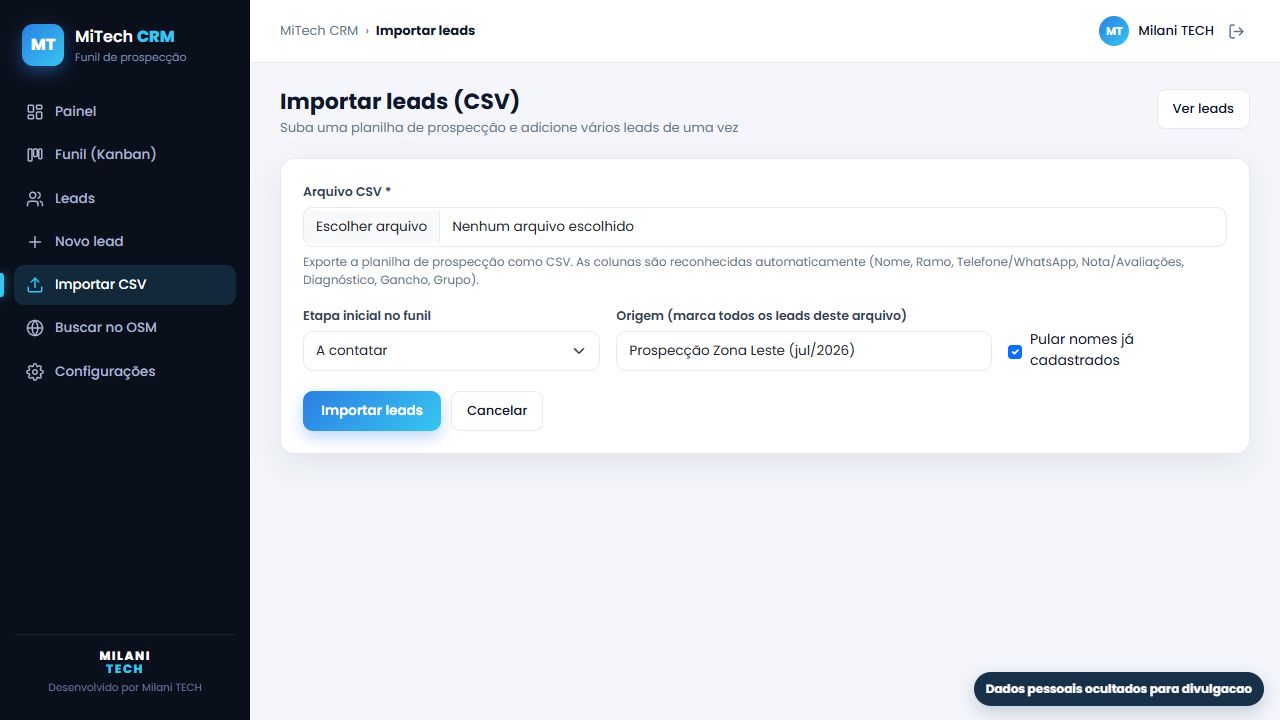Importação de leads por CSV no MiTech CRM